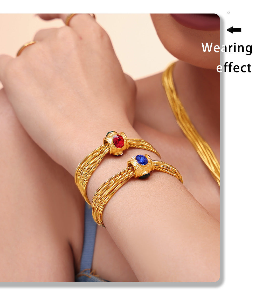 Luxury Multi-Layer Chain Set - Gold Plated Titanium Necklace & Bracelet with Crystal Accents, Heavy Duty Glam Jewelry