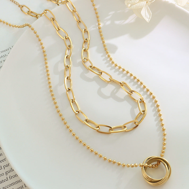 Minimalist Layered Circle Necklace - Convertible Double Chain, Gold Plated Stackable Y2K Jewelry
