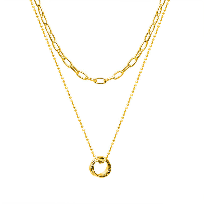Minimalist Layered Circle Necklace - Convertible Double Chain, Gold Plated Stackable Y2K Jewelry