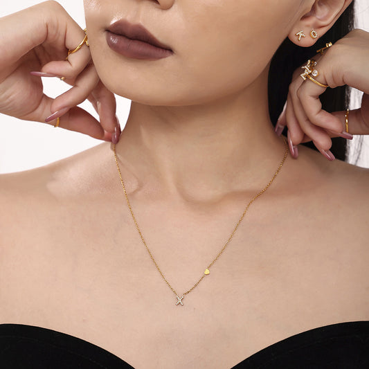 Personalized Alphabet Necklace - Custom Initial Pendant with Cubic Zirconia, 26 Letters Gold Plated Titanium Steel Chain