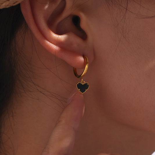 Natural Black Onyx Heart Huggie Earrings - Minimalist Dainty Studs