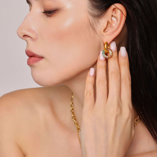 Double Circle Zirconia Earrings - Convertible Hoop & Stud Earrings