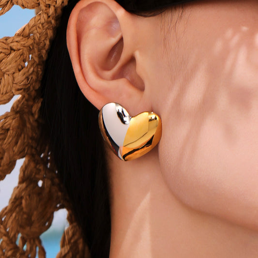 Two-Tone Heart Earrings - Minimalist Gold & Silver Love Studs,