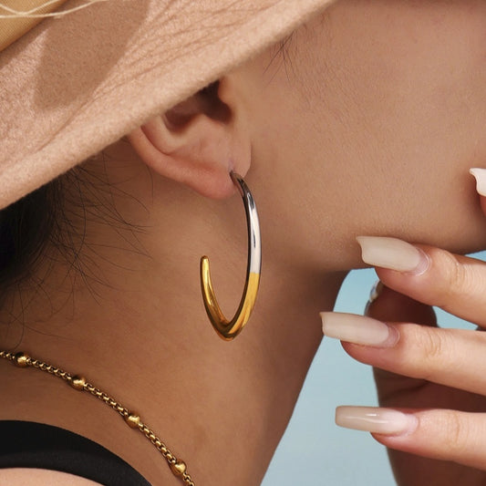 High-Polish Minimalist C-Hoop Earrings - Two-Tone Gold & Silver Geometric Earrings
