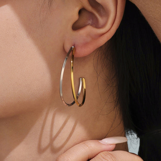 High-Polish Dual C-Hoop Earrings - Two-Tone Gold & Silver Minimalist Studs, Geometric Mirror-Finish Ear Jewelry