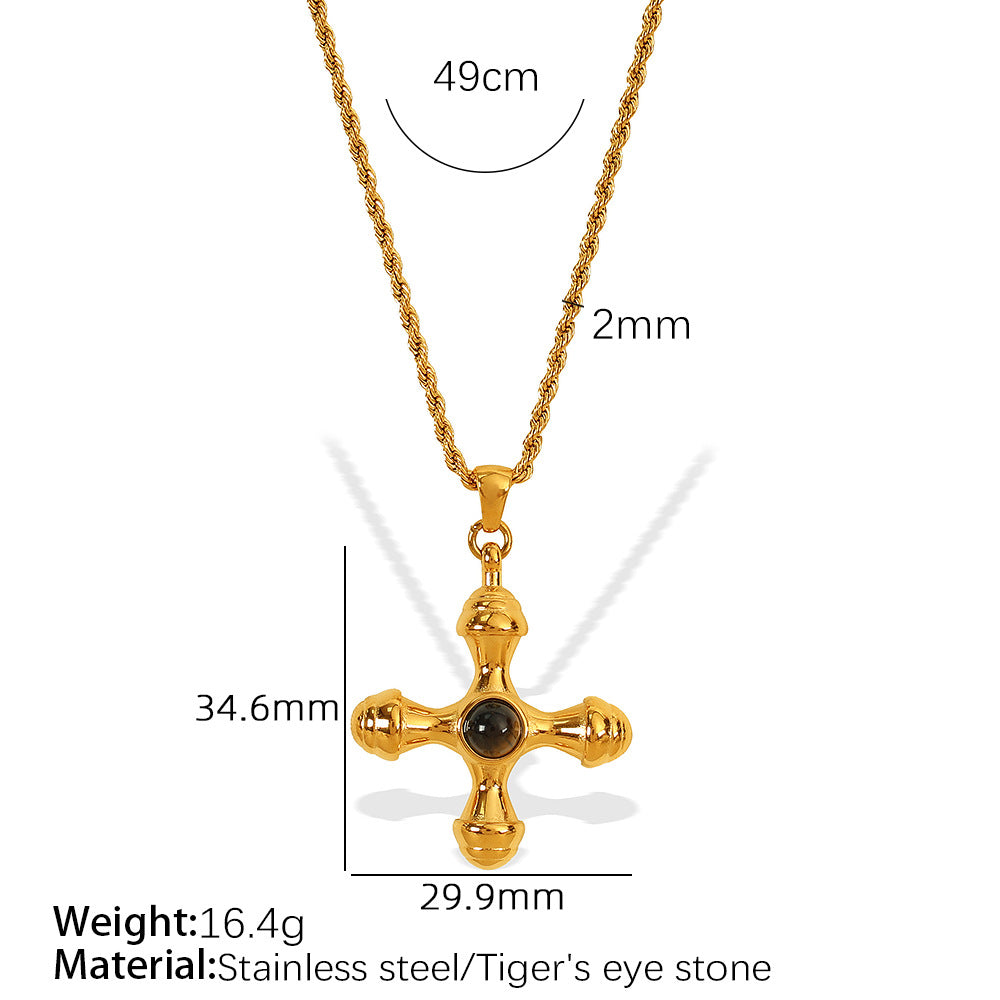 Unique Vintage Style Natural Tiger's Eye Stone Cross Pendant Necklace