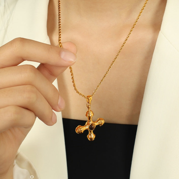 Unique Vintage Style Natural Tiger's Eye Stone Cross Pendant Necklace