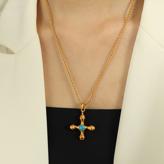 Unique Vintage Style Natural Tiger's Eye Stone Cross Pendant Necklace