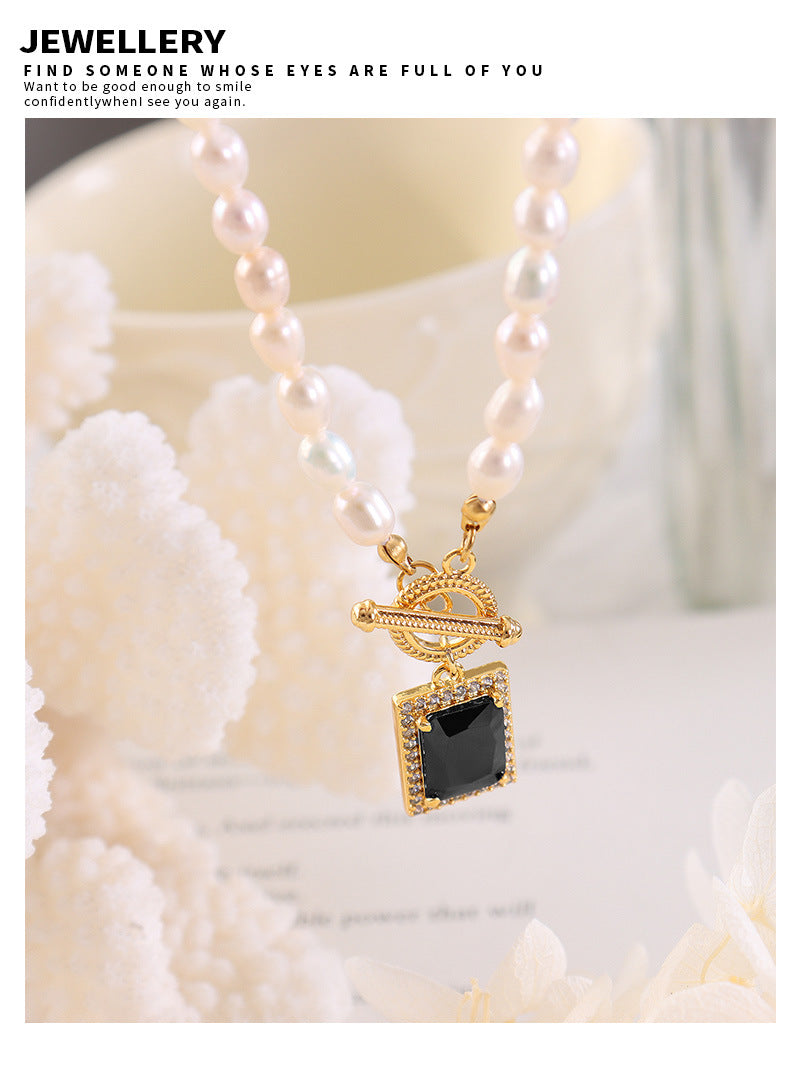 Black Cubic Zirconia Pendant / OT Clasp Collarbone Chain / Natural Freshwater Pearl Necklace