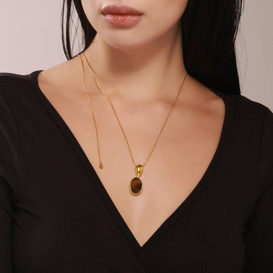 Oval Tiger's Eye Pendant Necklace - Long Matte Beaded Chain