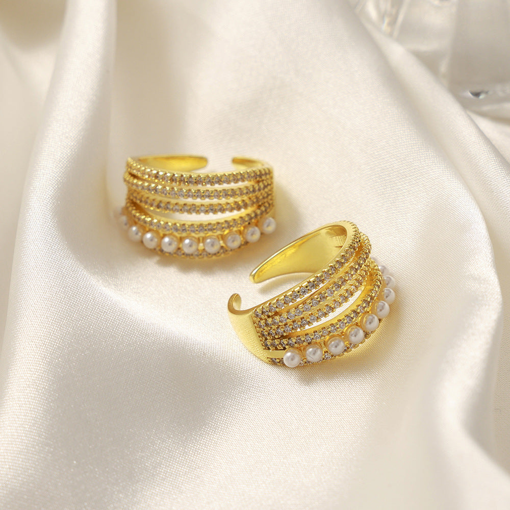 Luxury Faux Pearl & Zirconia Ring - Multi-Layer Adjustable Open Band