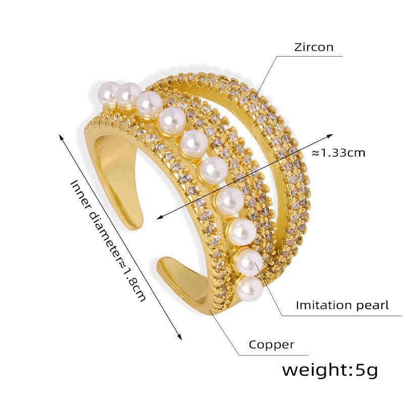 Luxury Faux Pearl & Zirconia Ring - Multi-Layer Adjustable Open Band