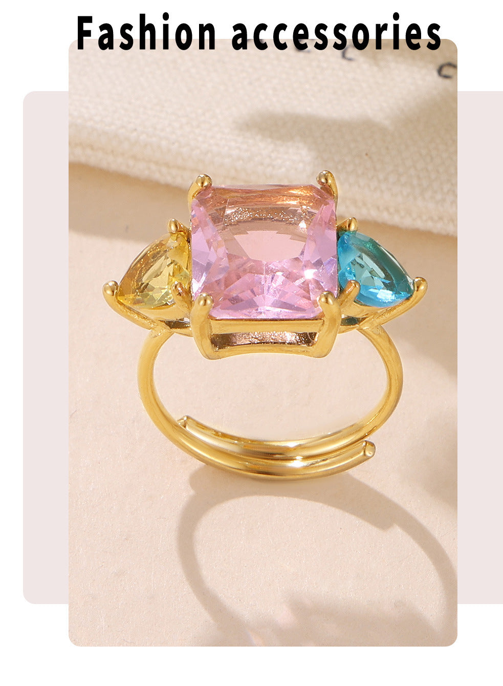 Dopamine Geometric Ring - Pink & Aqua Zirconia Open Band, Adjustable