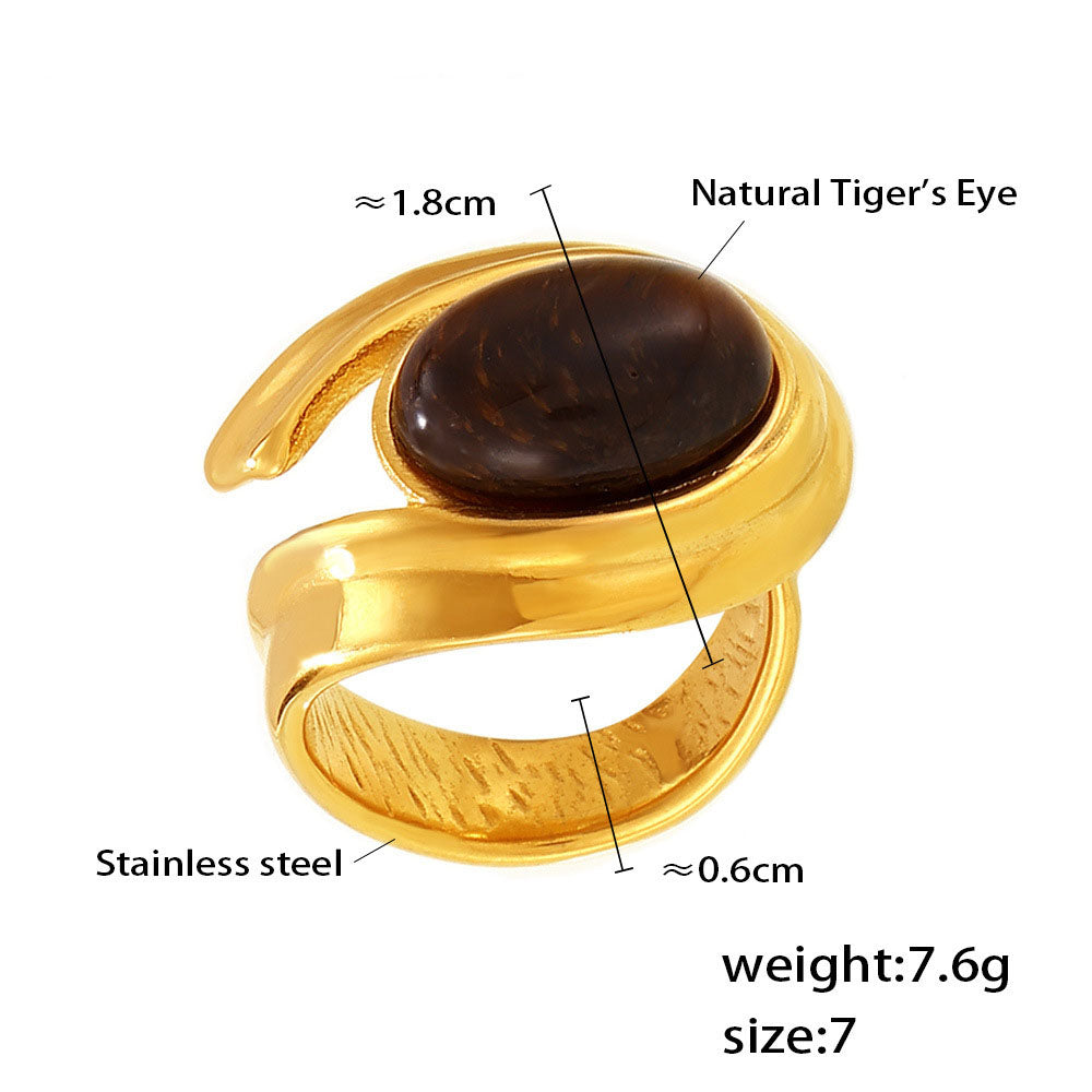 Vintage Tiger's Eye C-Hoop Earrings & Open Ring Set - Natural Stone Boho Jewelry, Adjustable