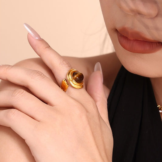 Vintage Tiger's Eye C-Hoop Earrings & Open Ring Set - Natural Stone Boho Jewelry, Adjustable