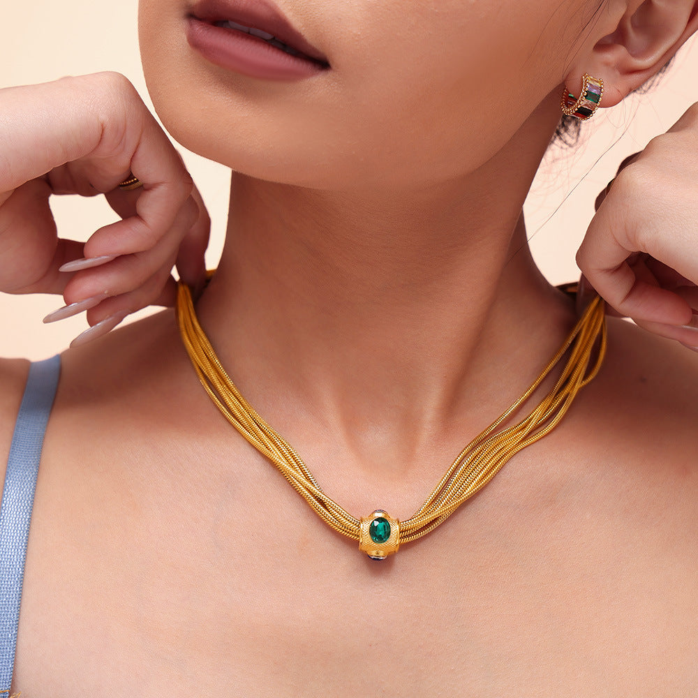 Luxury Multi-Layer Chain Set - Gold Plated Titanium Necklace & Bracelet with Crystal Accents, Heavy Duty Glam Jewelry