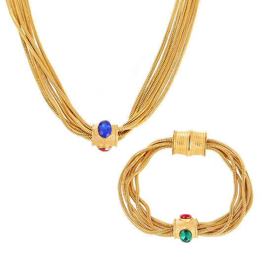 Luxury Multi-Layer Chain Set - Gold Plated Titanium Necklace & Bracelet with Crystal Accents, Heavy Duty Glam Jewelry