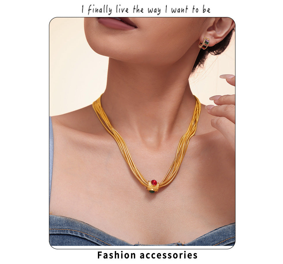 Luxury Multi-Layer Chain Set - Gold Plated Titanium Necklace & Bracelet with Crystal Accents, Heavy Duty Glam Jewelry