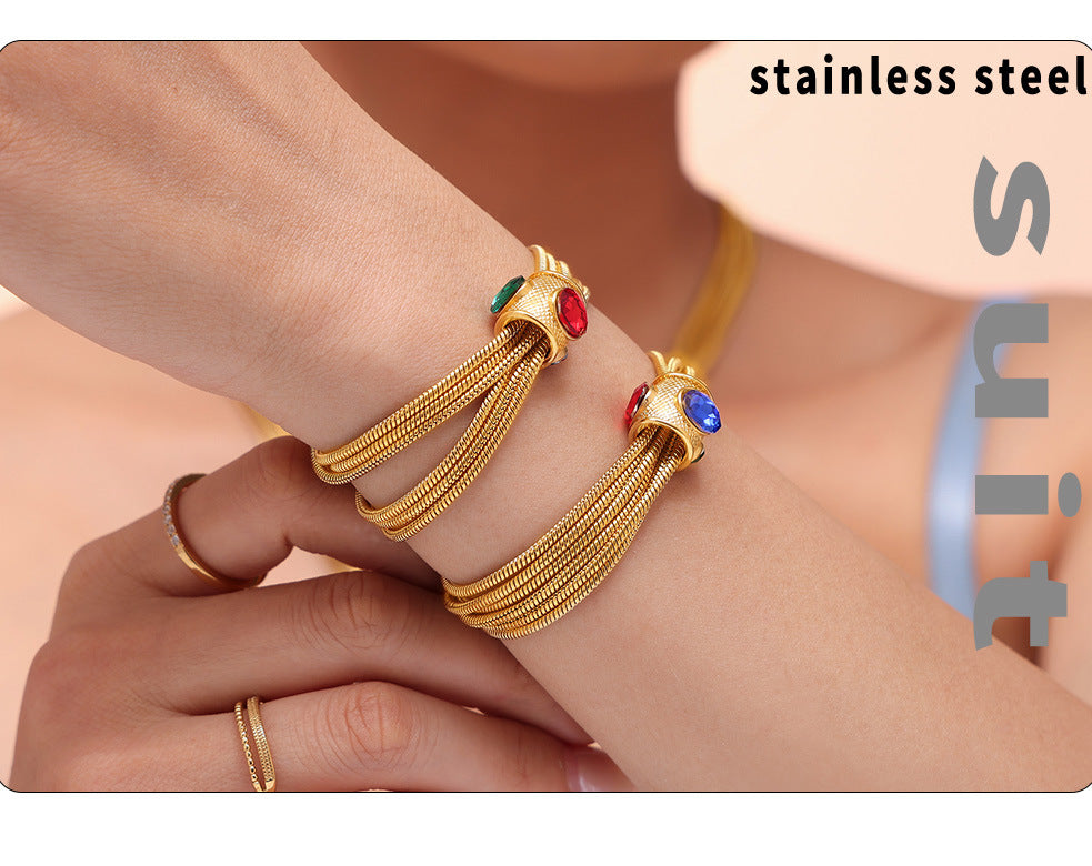 Luxury Multi-Layer Chain Set - Gold Plated Titanium Necklace & Bracelet with Crystal Accents, Heavy Duty Glam Jewelry