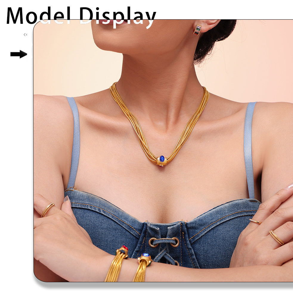 Luxury Multi-Layer Chain Set - Gold Plated Titanium Necklace & Bracelet with Crystal Accents, Heavy Duty Glam Jewelry