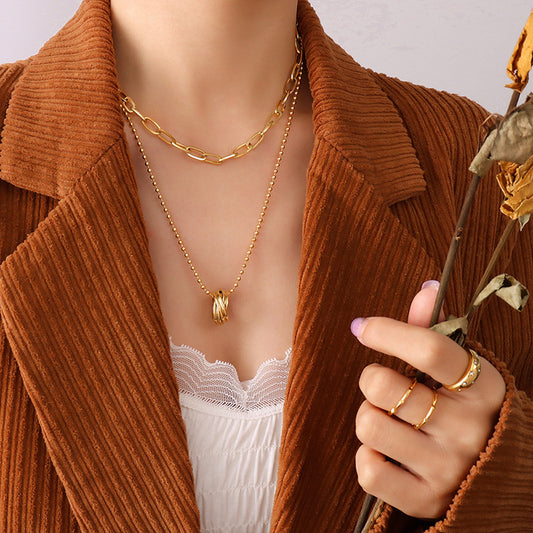 Minimalist Layered Circle Necklace - Convertible Double Chain, Gold Plated Stackable Y2K Jewelry