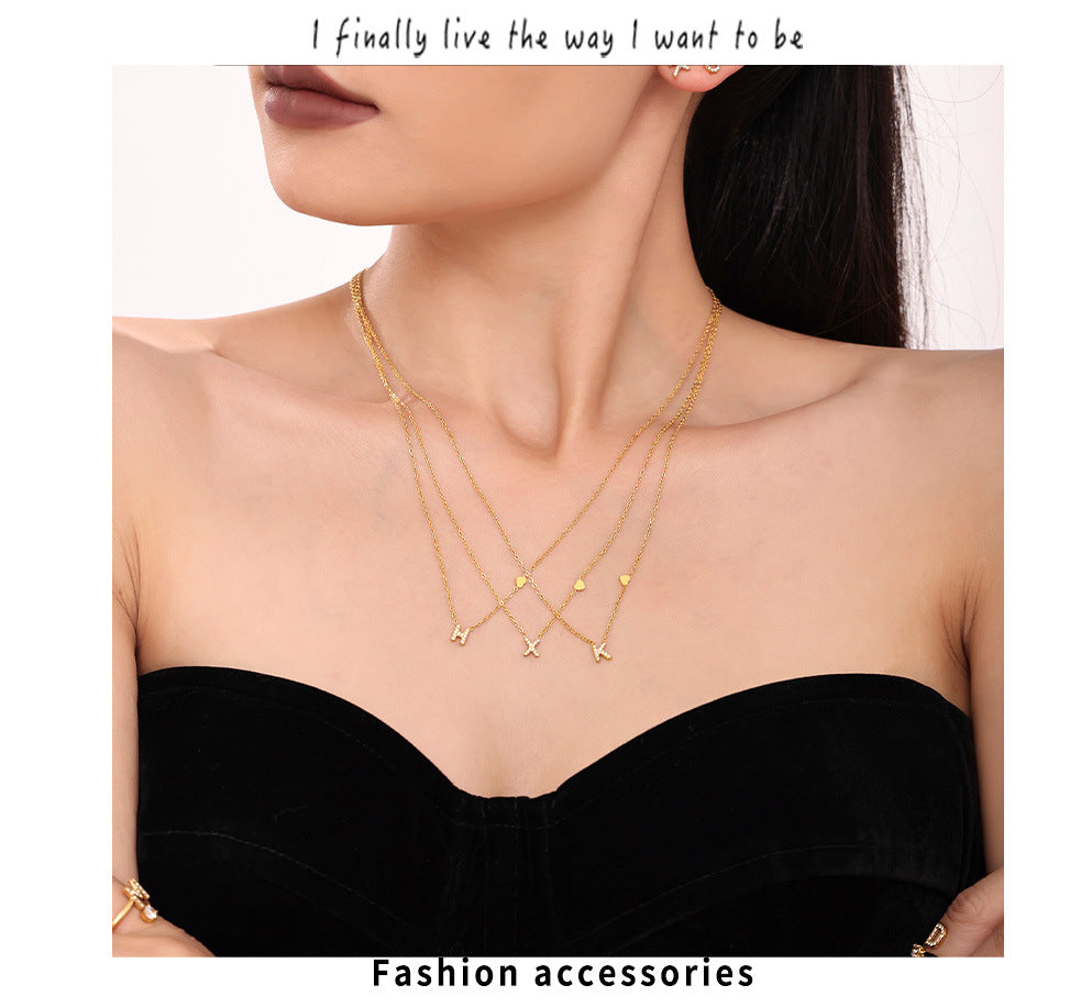 Personalized Alphabet Necklace - Custom Initial Pendant with Cubic Zirconia, 26 Letters Gold Plated Titanium Steel  Chain