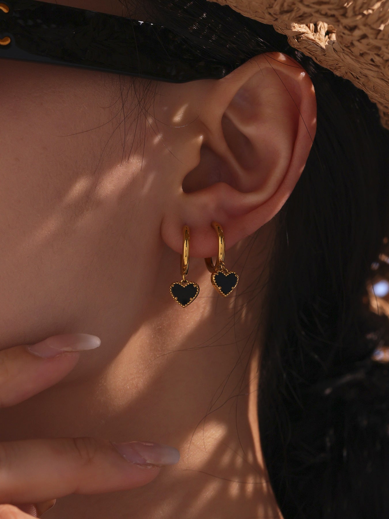 Natural Black Onyx Heart Huggie Earrings - Minimalist Dainty Studs