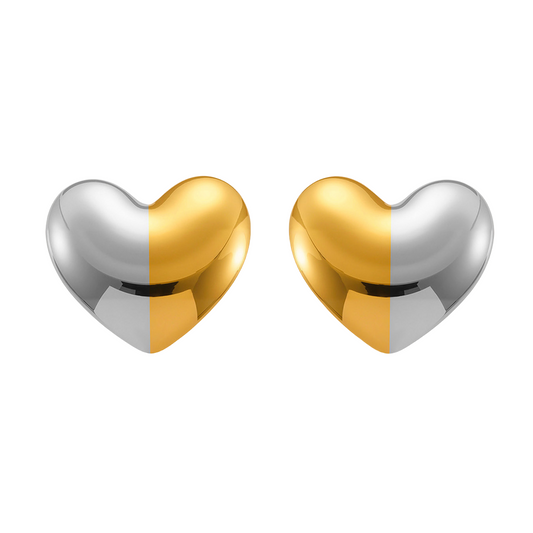 Two-Tone Heart Earrings - Minimalist Gold & Silver Love Studs,