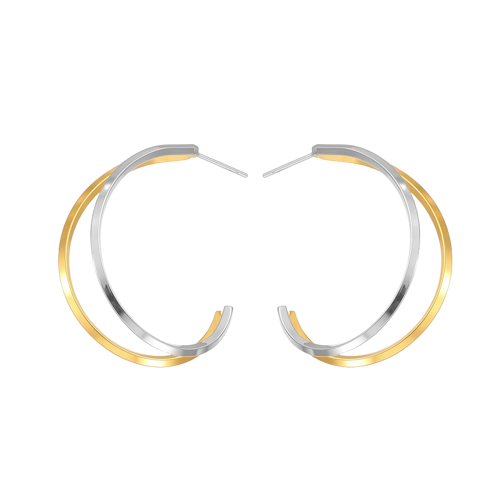 High-Polish Dual C-Hoop Earrings - Two-Tone Gold & Silver Minimalist Studs, Geometric Mirror-Finish Ear Jewelry