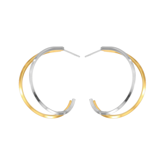 High-Polish Dual C-Hoop Earrings - Two-Tone Gold & Silver Minimalist Studs, Geometric Mirror-Finish Ear Jewelry