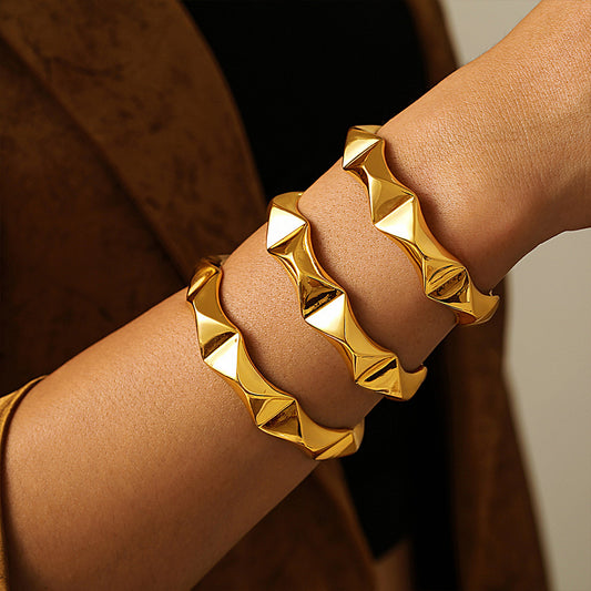French Vintage Geometric Cuff Bracelet - Adjustable Open Bangle, Minimalist Textured Hand Jewelry