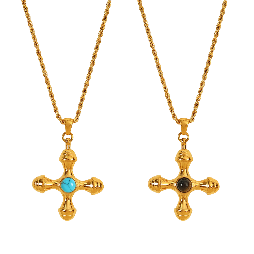 Unique Vintage Style Natural Tiger's Eye Stone Cross Pendant Necklace