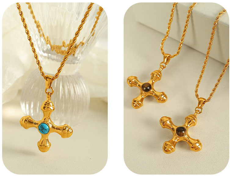 Unique Vintage Style Natural Tiger's Eye Stone Cross Pendant Necklace