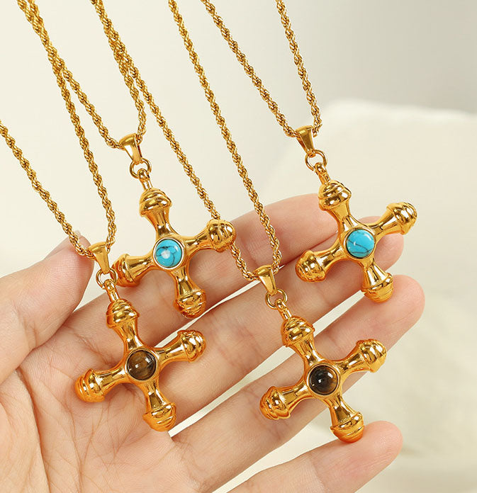 Unique Vintage Style Natural Tiger's Eye Stone Cross Pendant Necklace