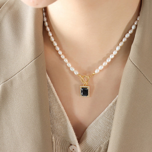Black Cubic Zirconia Pendant / OT Clasp Collarbone Chain / Natural Freshwater Pearl Necklace