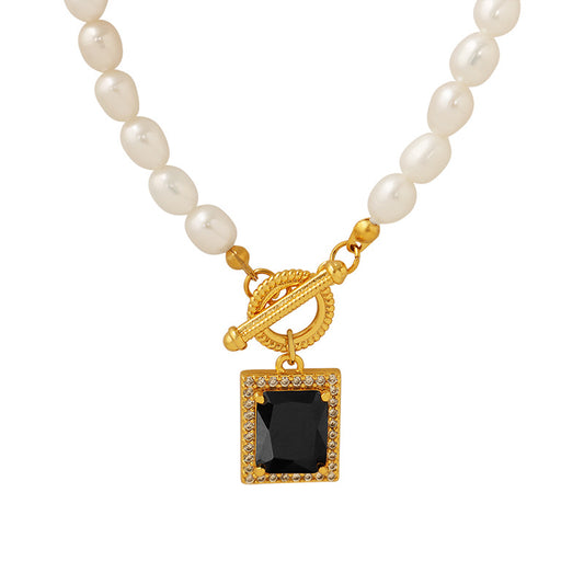 Black Cubic Zirconia Pendant / OT Clasp Collarbone Chain / Natural Freshwater Pearl Necklace