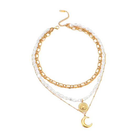 Layered Stainless Steel Collarbone Chain with Baroque Pearl Necklace - Trendy Ins Style