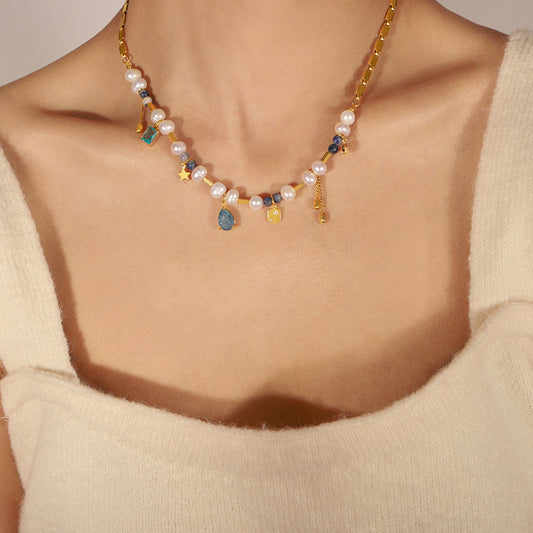 Royalcore Luxe Vintage Freshwater Pearl & Natural Stone Hand-Knotted Beaded Necklace