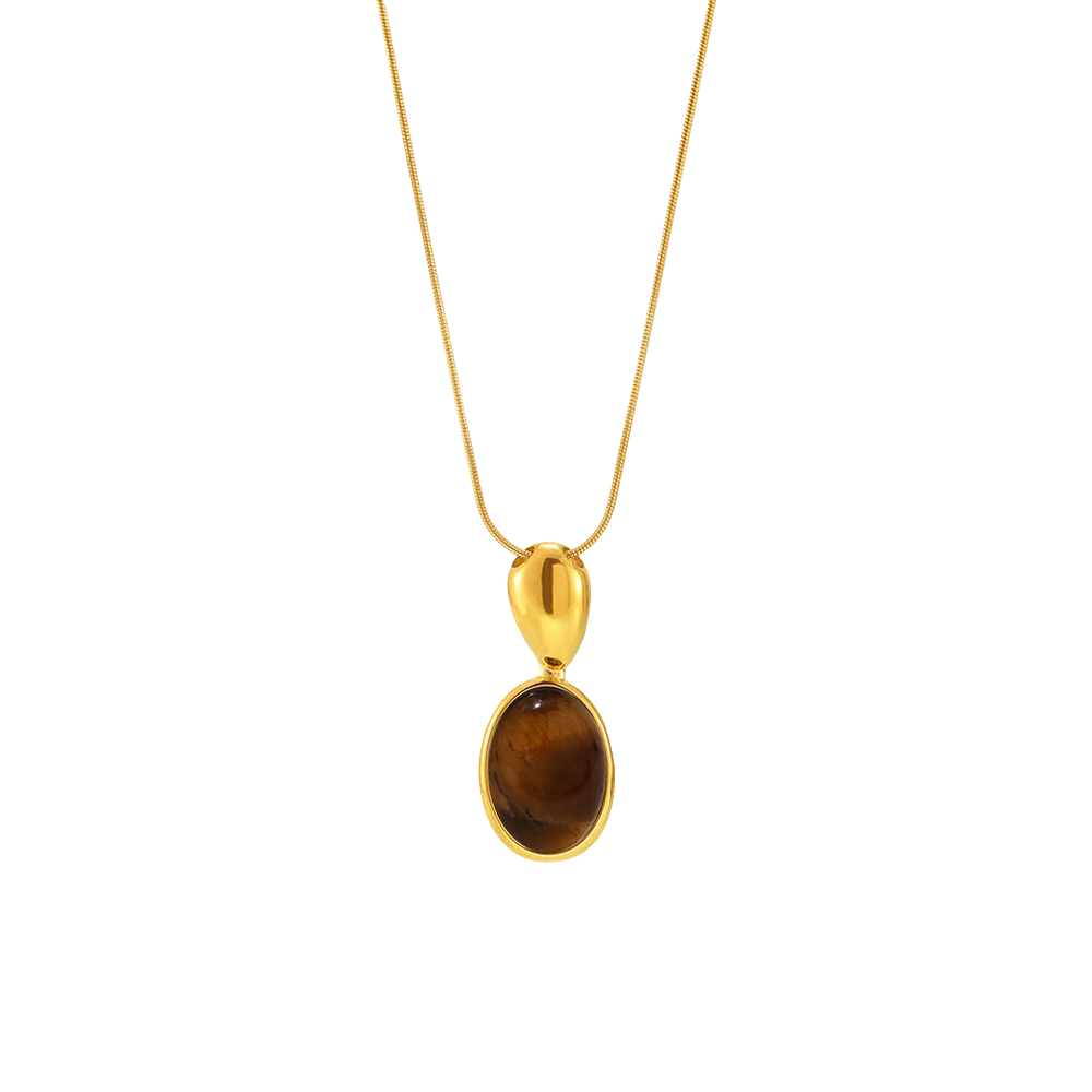 Oval Tiger's Eye Pendant Necklace - Long Matte Beaded Chain