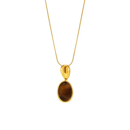 Oval Tiger's Eye Pendant Necklace - Long Matte Beaded Chain