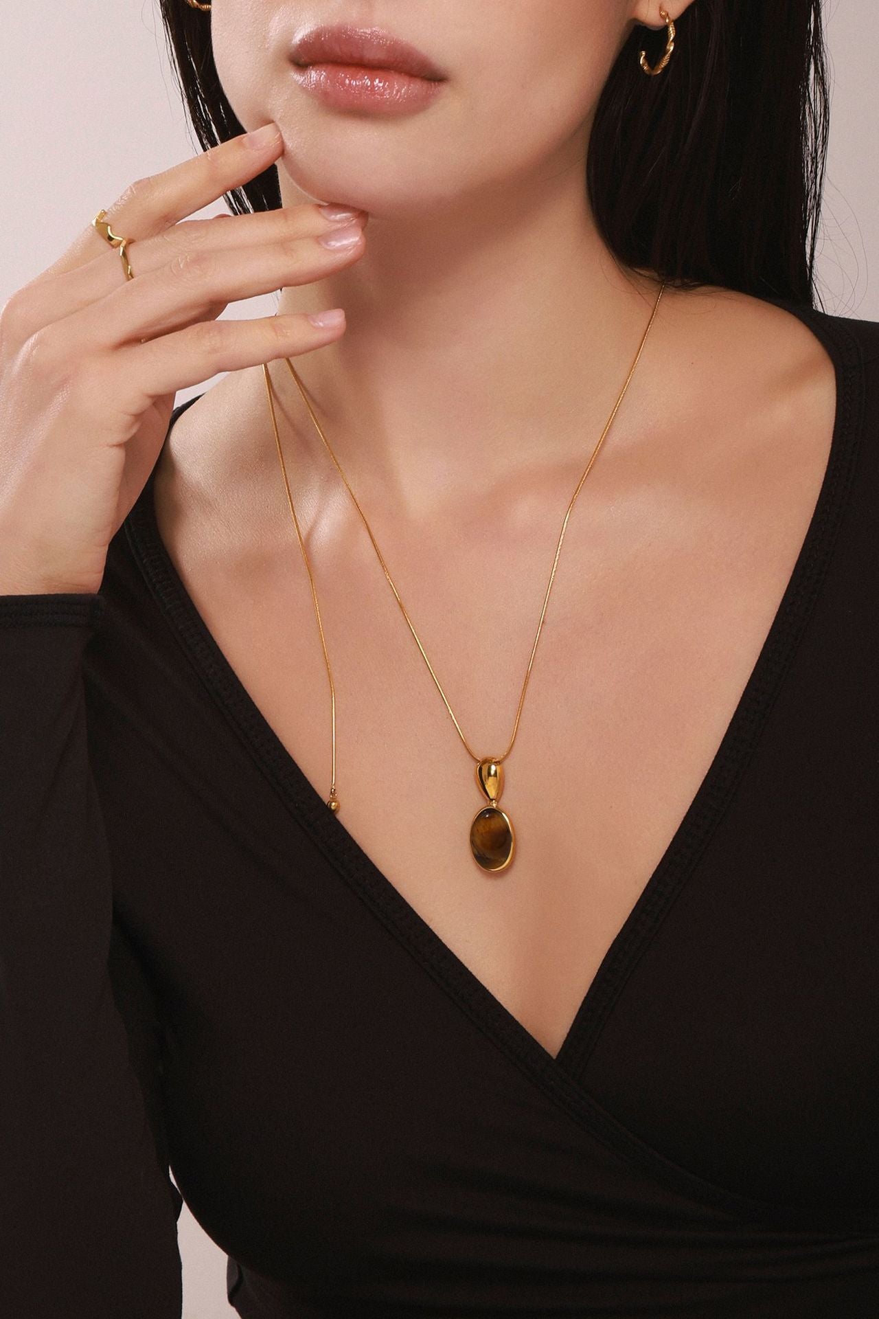 Oval Tiger's Eye Pendant Necklace - Long Matte Beaded Chain