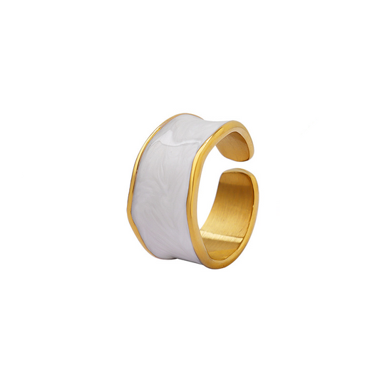 Audrey Hepburn Style French Ring - Minimalist Enamel White Gold Plated Open Band, Vintage Inspired Adjustable Statement Ring