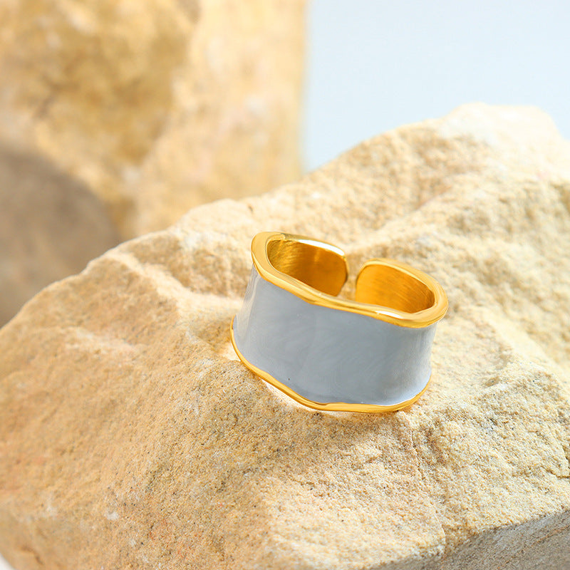 Audrey Hepburn Style French Ring - Minimalist Enamel Black Gold Plated Open Band, Vintage Inspired Adjustable Statement Ring