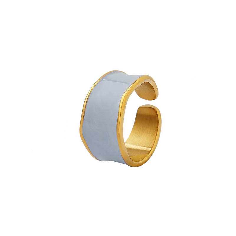 Audrey Hepburn Style French Ring - Minimalist Enamel Black Gold Plated Open Band, Vintage Inspired Adjustable Statement Ring