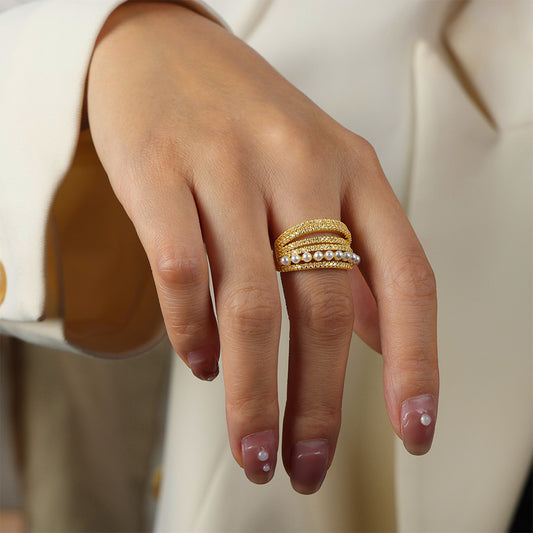 Luxury Faux Pearl & Zirconia Ring - Multi-Layer Adjustable Open Band