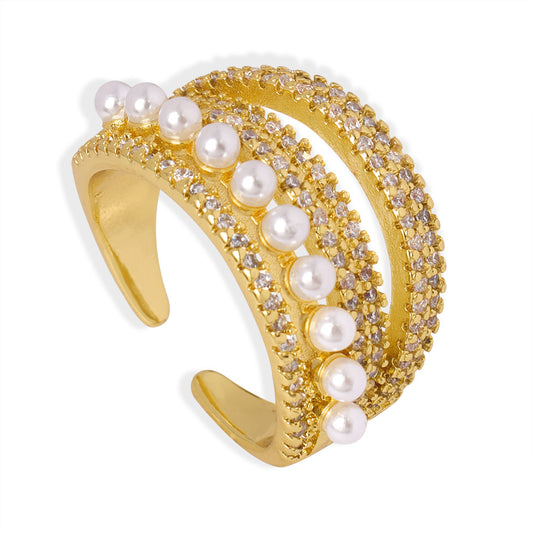Luxury Faux Pearl & Zirconia Ring - Multi-Layer Adjustable Open Band
