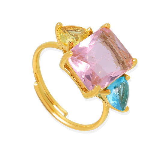 Dopamine Geometric Ring - Pink & Aqua Zirconia Open Band, Adjustable