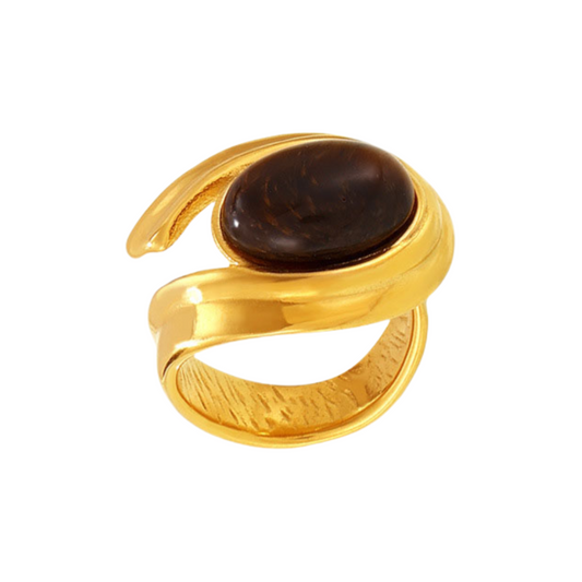 Vintage Tiger's Eye C-Hoop Earrings & Open Ring Set - Natural Stone Boho Jewelry, Adjustable