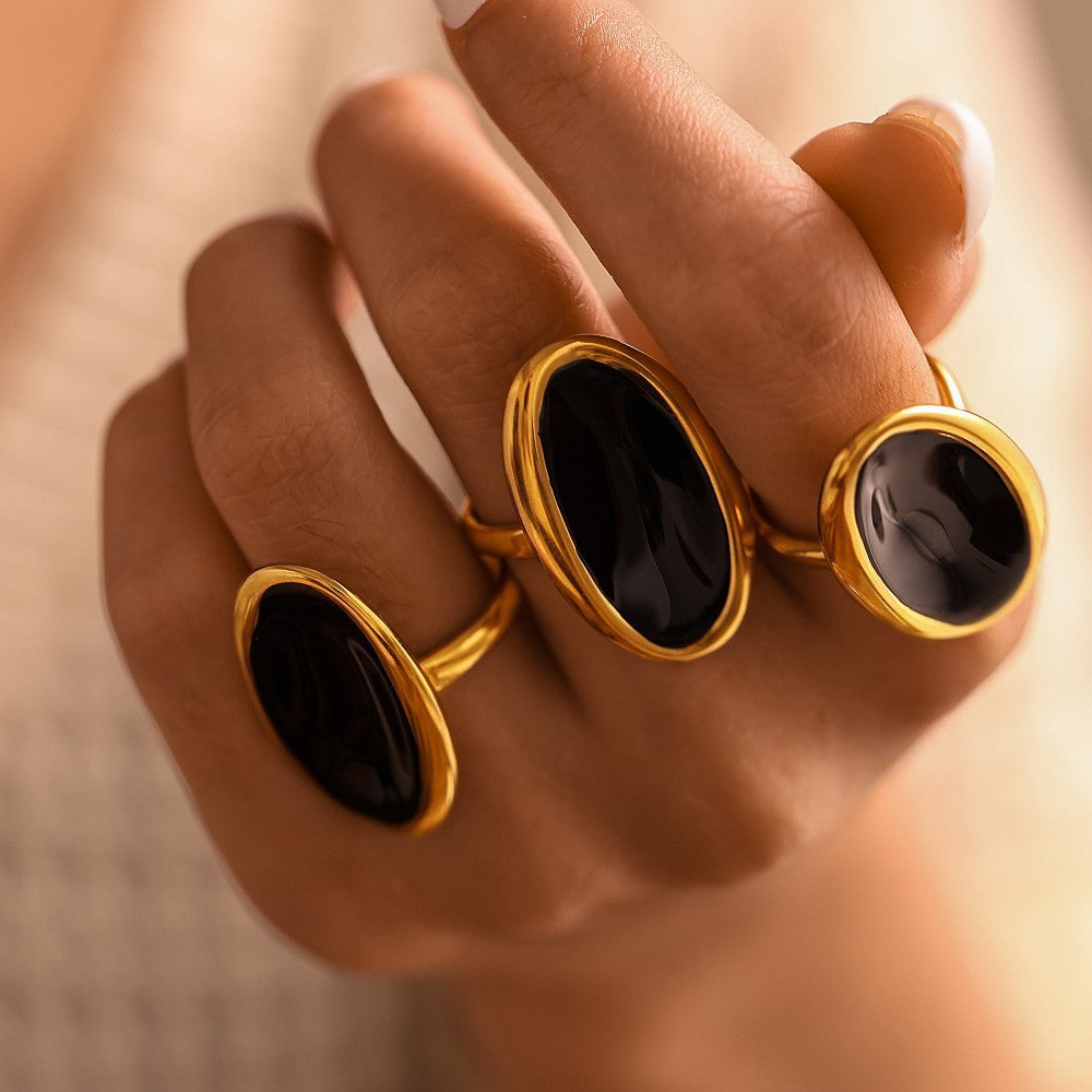 French Minimalist Oval Cuff Ring - Enamel Drop Artisan Cast Jewelry