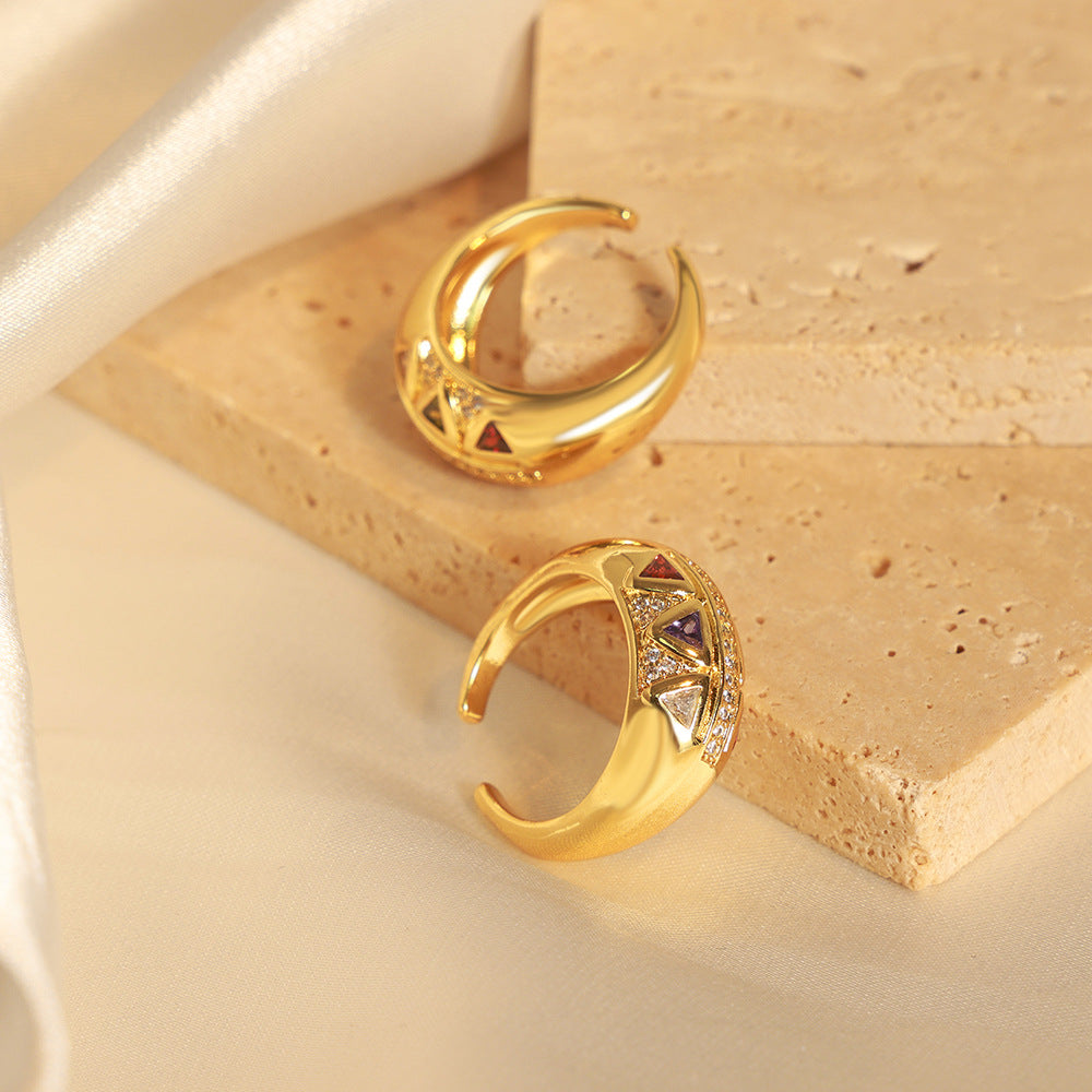 Royal Geometric Triangle Ring - Vintage Inspired Open Cuff with Zirconia